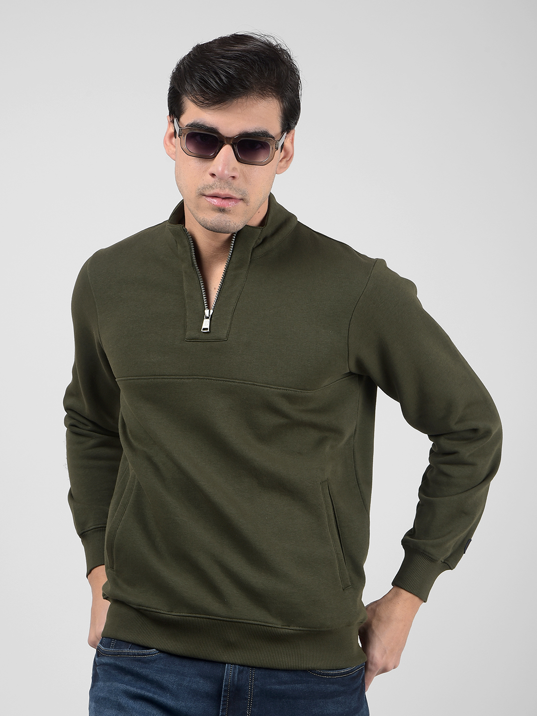 Numero Uno Men Olive Mock Neck Sweatshirts